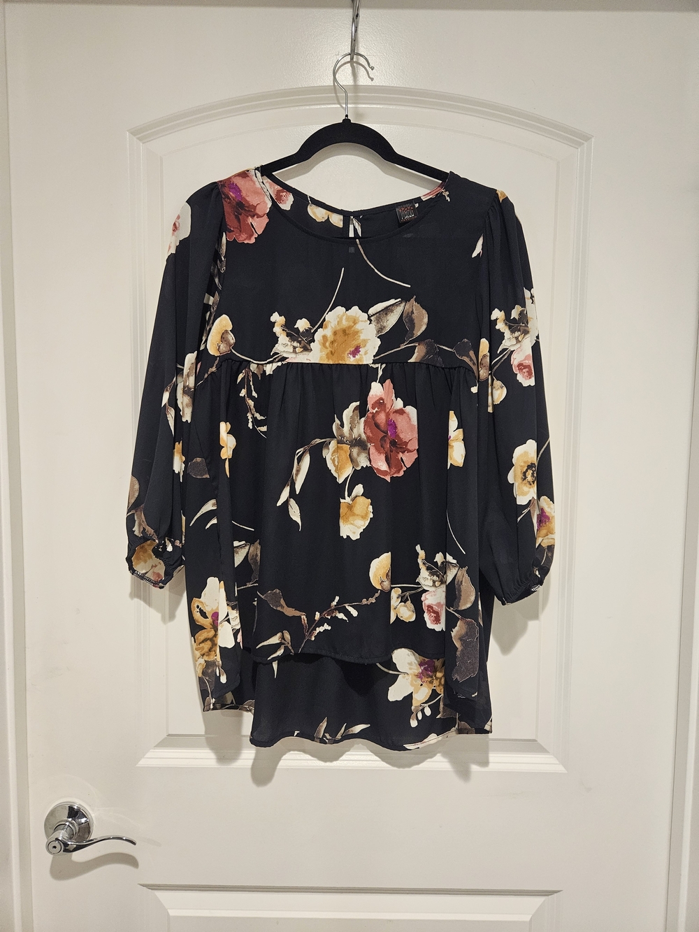Black Floral Peplum Blouse with Pink and Yellow Blossoms